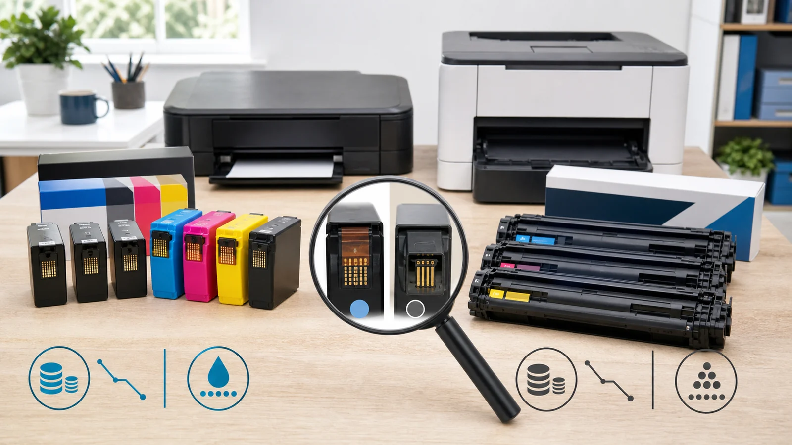 Ink and toner cartridges compared by model reference, colour and page yield