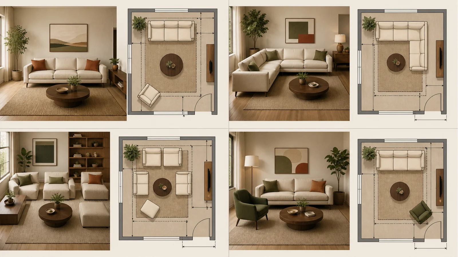 Modern sofa layouts compared with room measurements and circulation space