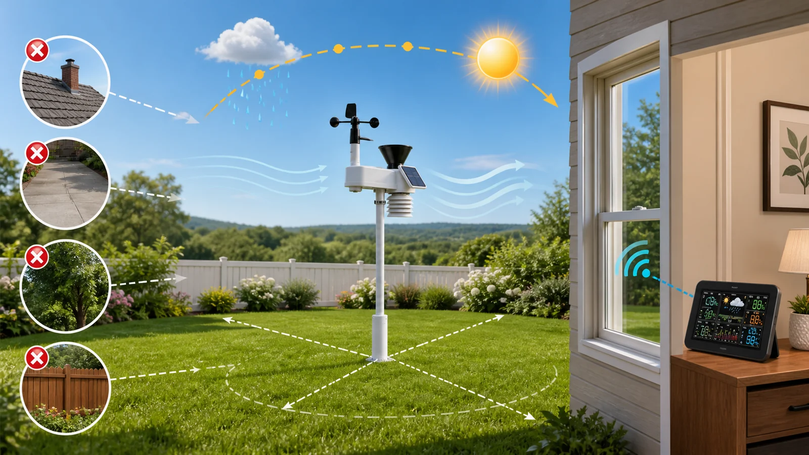 A home weather station positioned for representative wind, rain and temperature readings