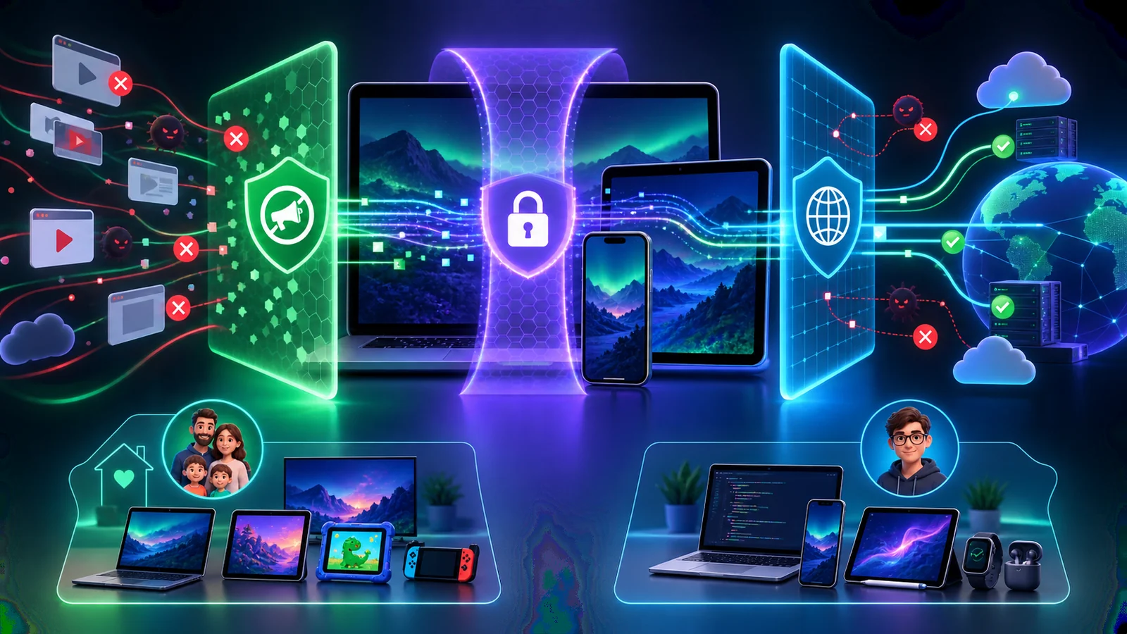 Ad blocking, VPN and DNS filtering shown as separate privacy layers across devices
