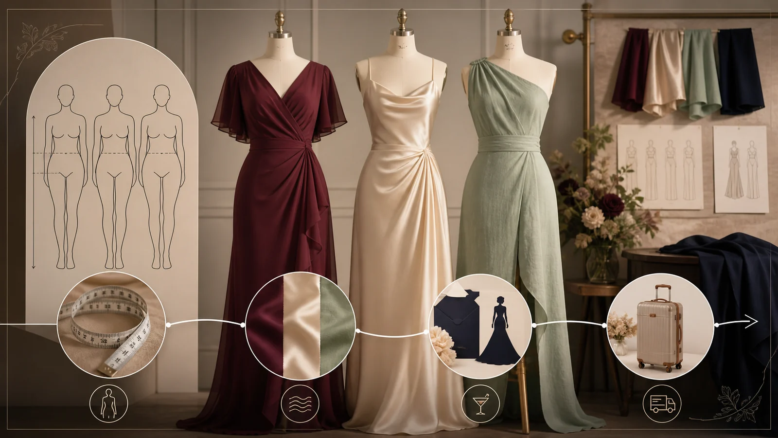 Dress fit, fabric and occasion choices compared in an atelier