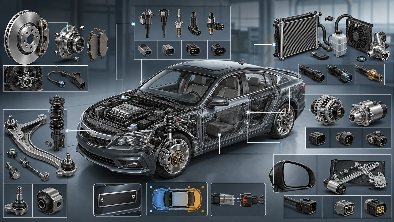 Passenger car replacement parts arranged around fitment and connector checks