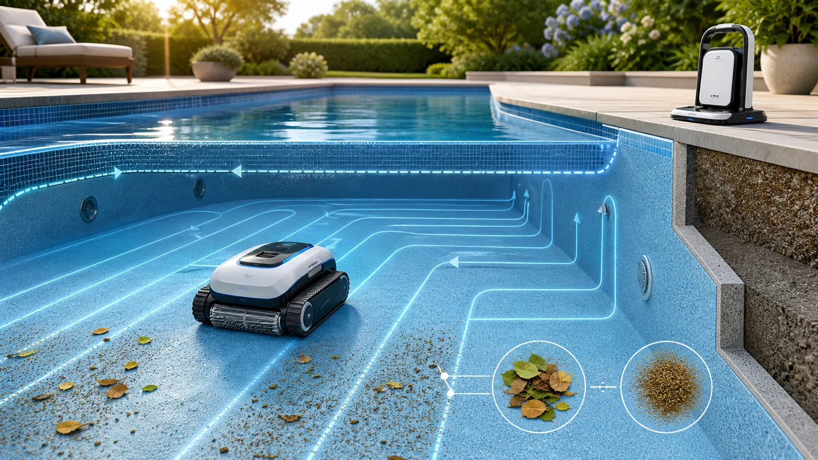 A cordless robotic pool cleaner mapped across pool floor, walls and waterline