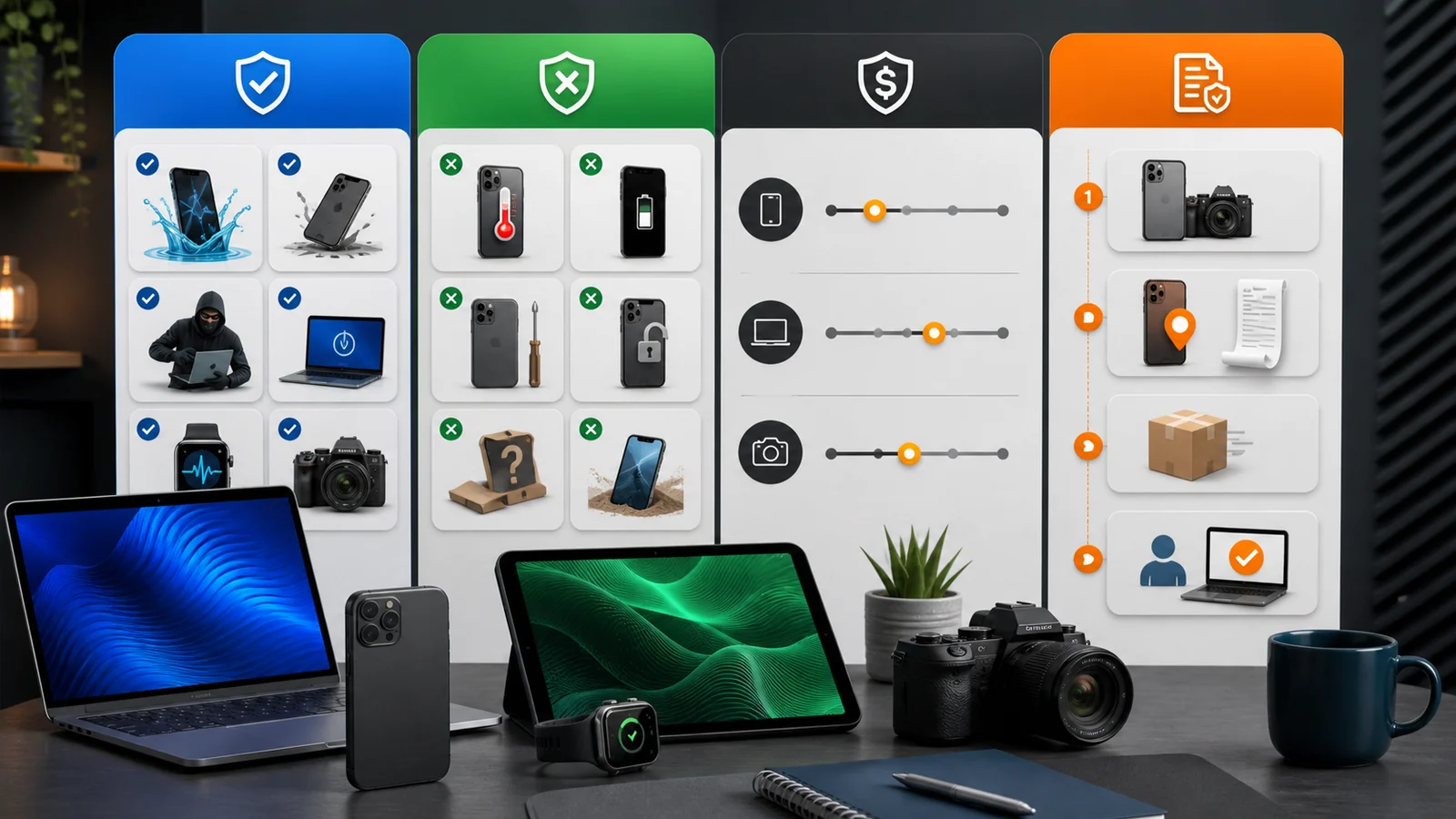 Phones and electronics compared against coverage, deductible and claims requirements