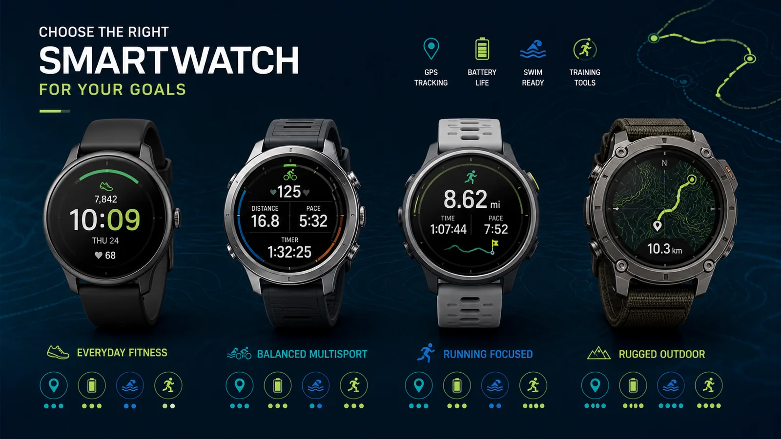 Comparison of everyday, multisport, running and rugged outdoor smartwatch styles