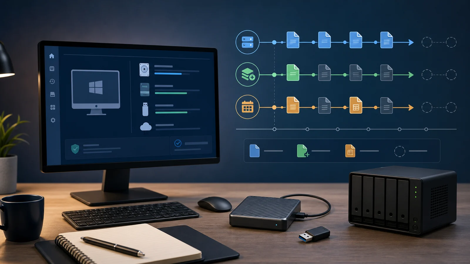 A backup planning workspace with a PC, external drive, NAS and recovery timeline
