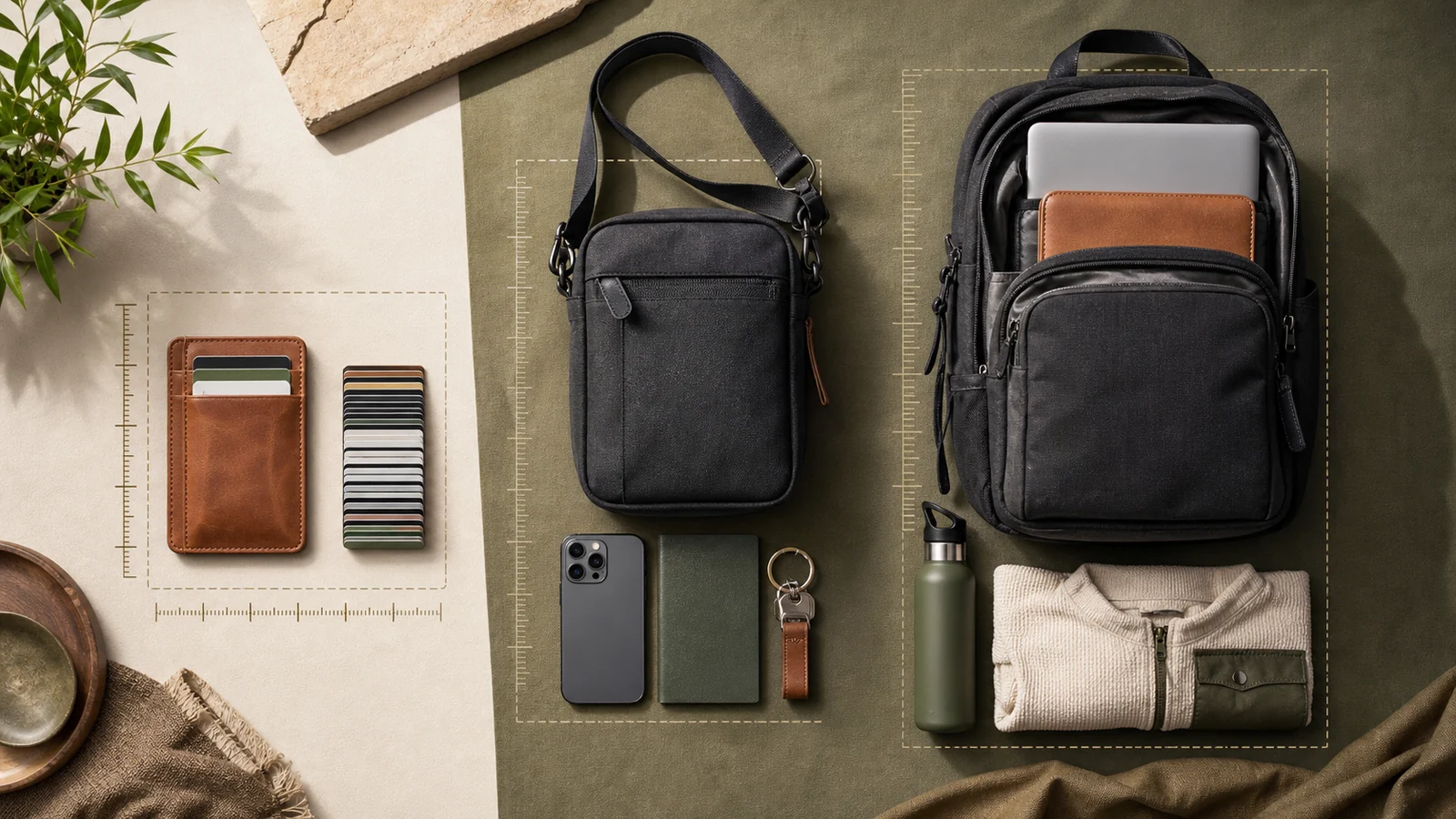 Wallet, sling and backpack compared by dimensions and everyday contents