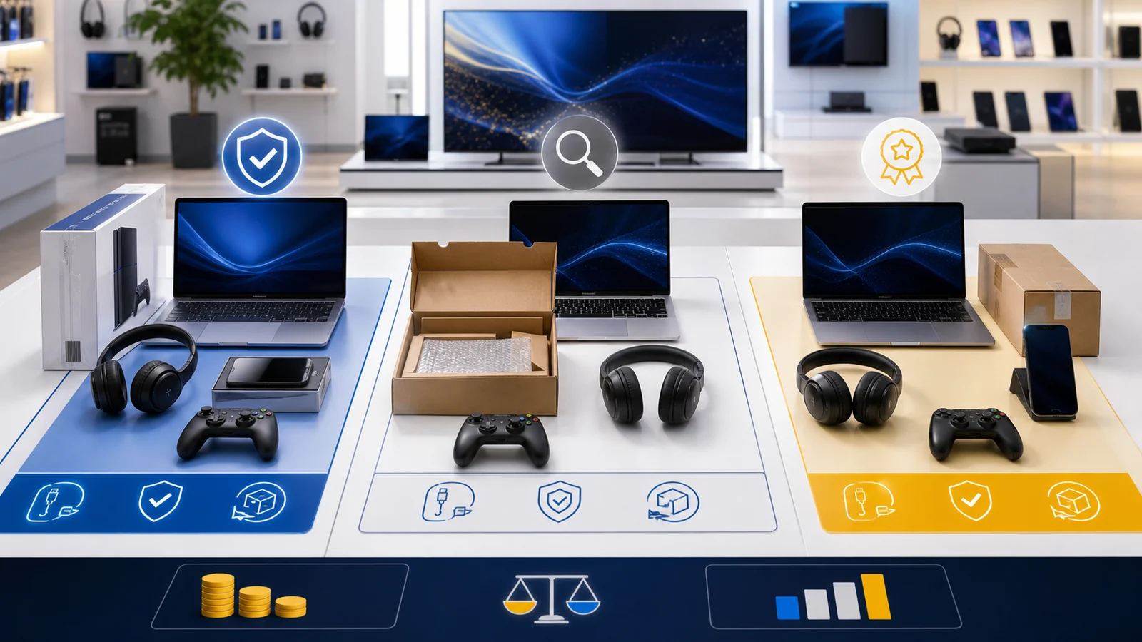 New, open-box and refurbished electronics arranged for specification and value comparison