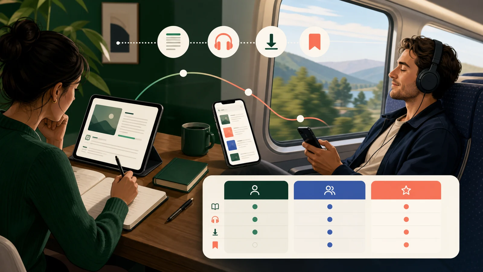 Reading, audio and offline learning options compared across subscription plans