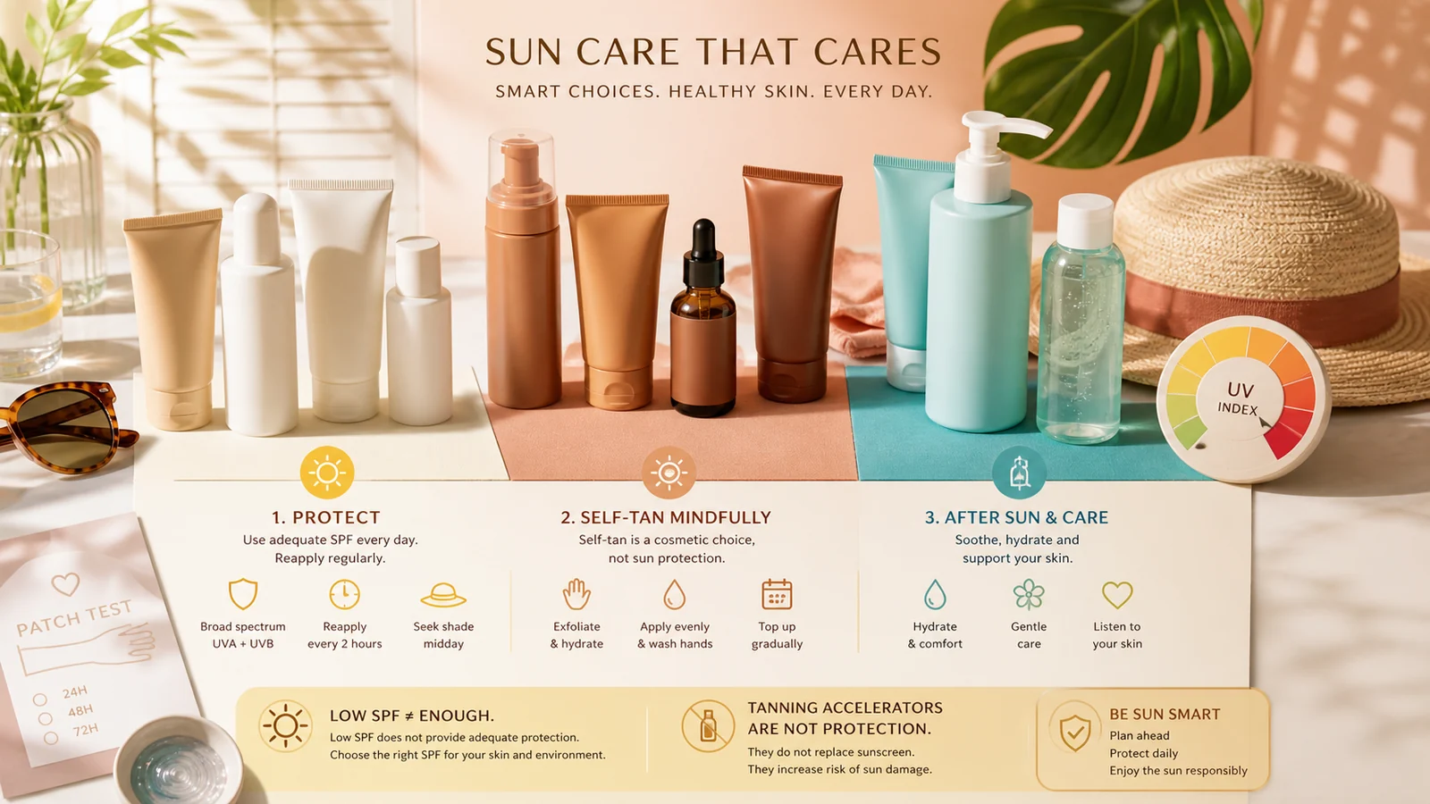 Sun protection, self-tan and after-sun routines arranged by purpose