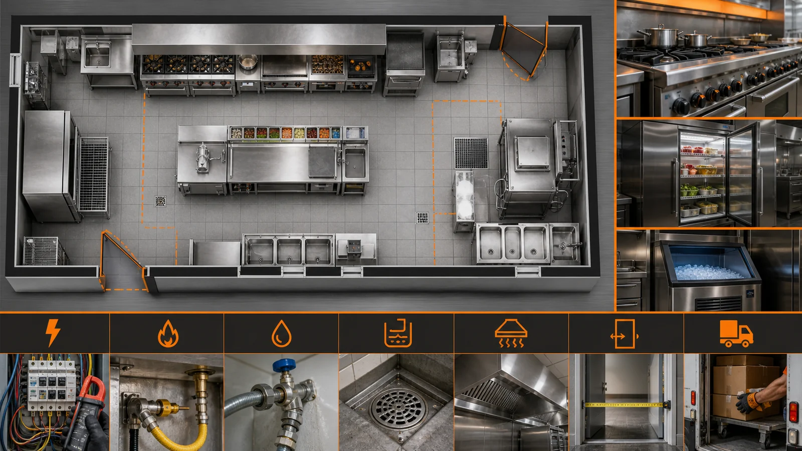 Commercial kitchen layout, utilities, ventilation and freight-delivery checks