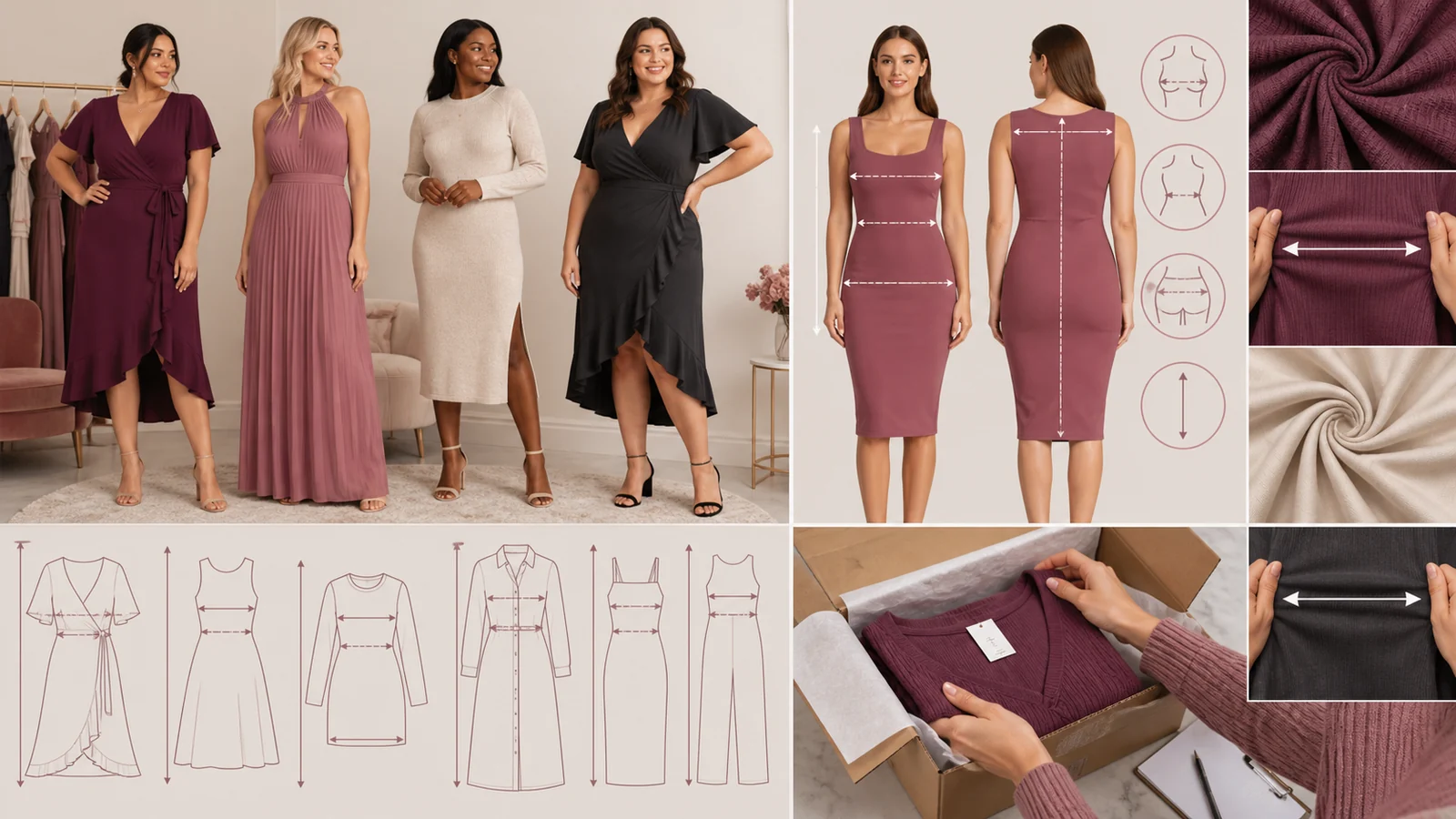 Dress silhouettes, body measurements, fabric stretch and return inspection