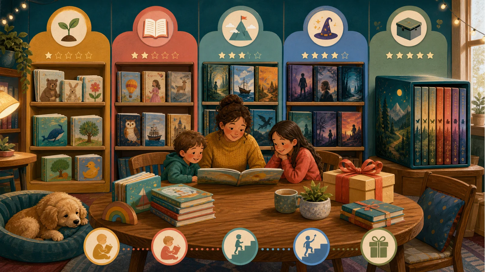 Children’s reading stages and a complete gift box set in a warm library