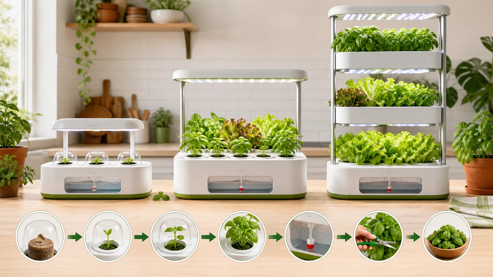 Three indoor garden sizes and the plant cycle from pod to harvest