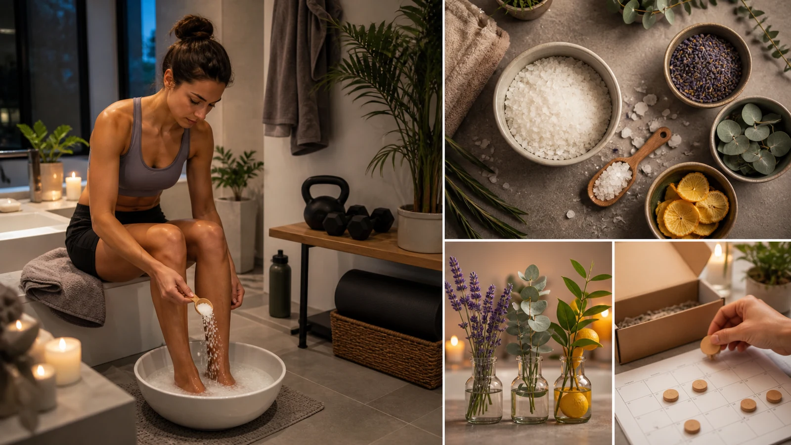 Post-workout foot soak, mineral ingredients, scent choices and subscription calendar