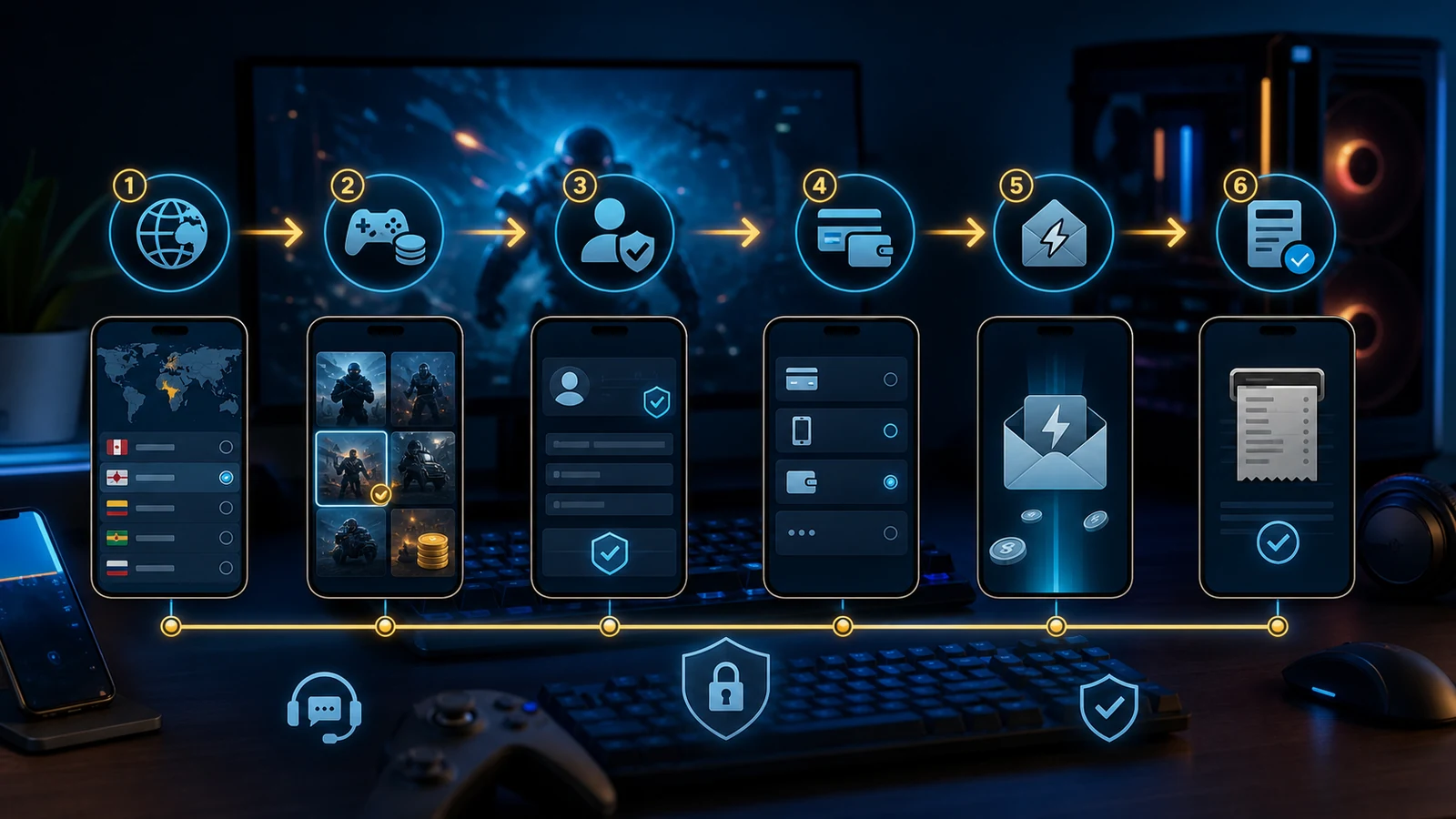 Digital game top-up process from region and player ID through payment and receipt