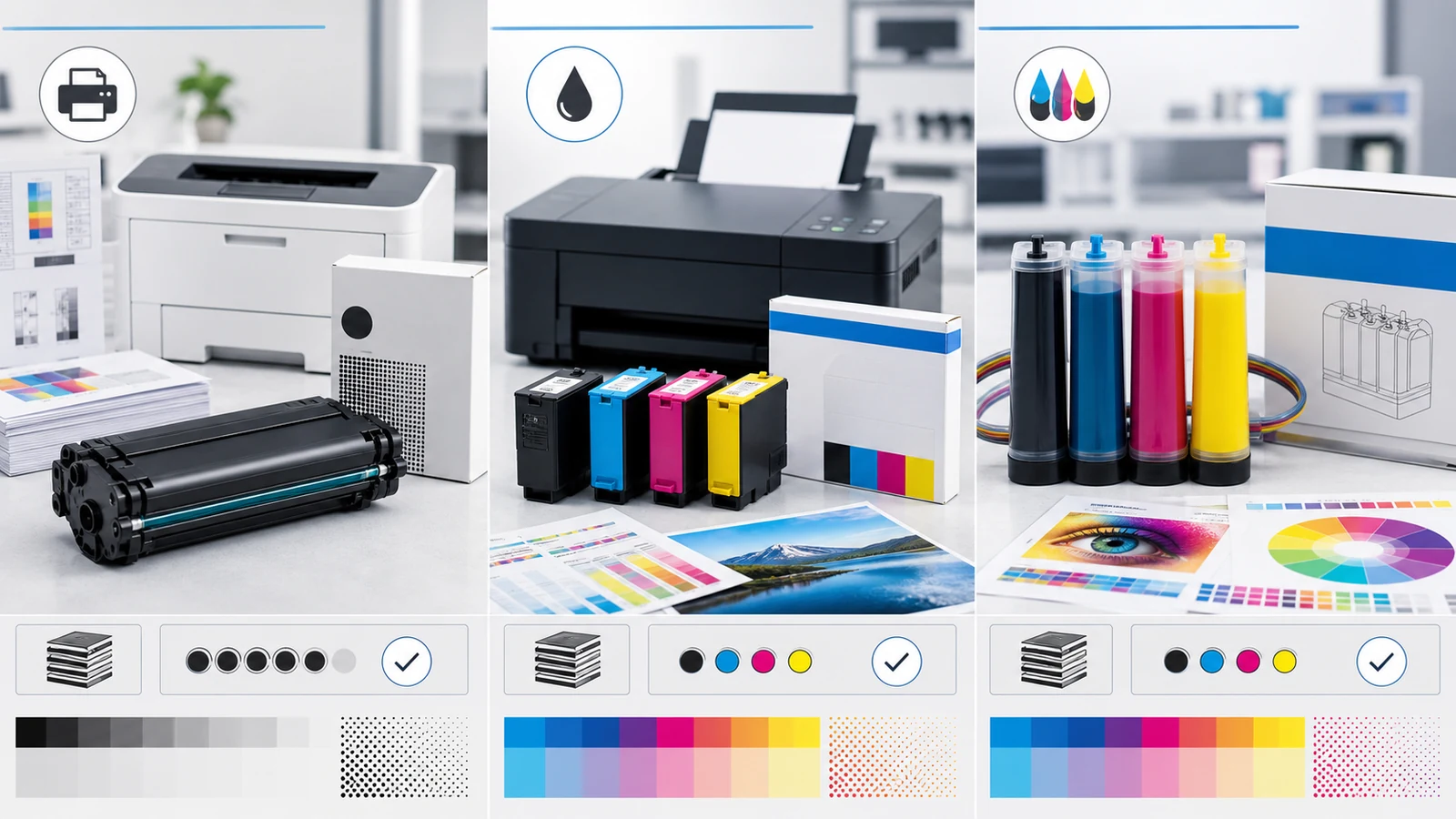 Laser toner, inkjet cartridges and refill systems compared with print tests
