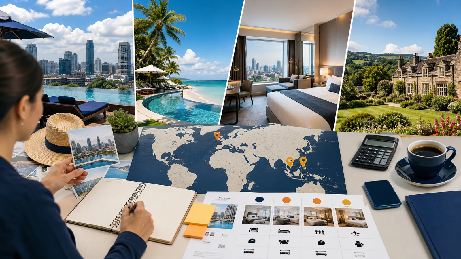 Multi-country city, beach and countryside hotels compared on a travel planning desk