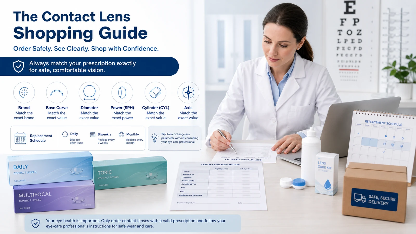 Contact lens prescription parameters, daily, toric and multifocal boxes and replacement schedule