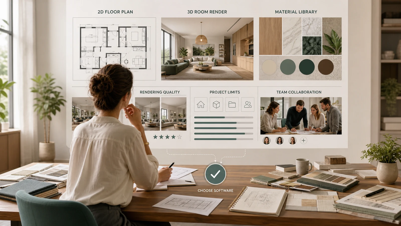 Interior designer comparing floor plans, rendering quality, materials and team collaboration