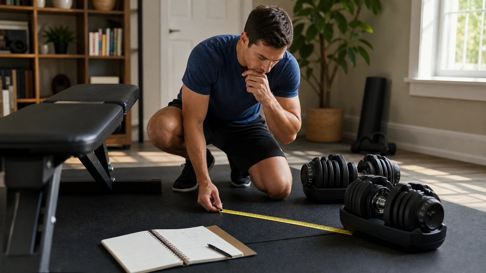 Home gym buyer measuring space around adjustable dumbbells and a workout bench