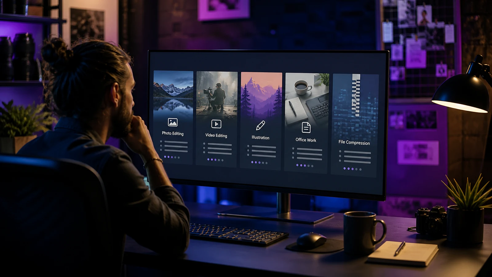 Creative professional comparing software for photo, video, illustration, office work and compression