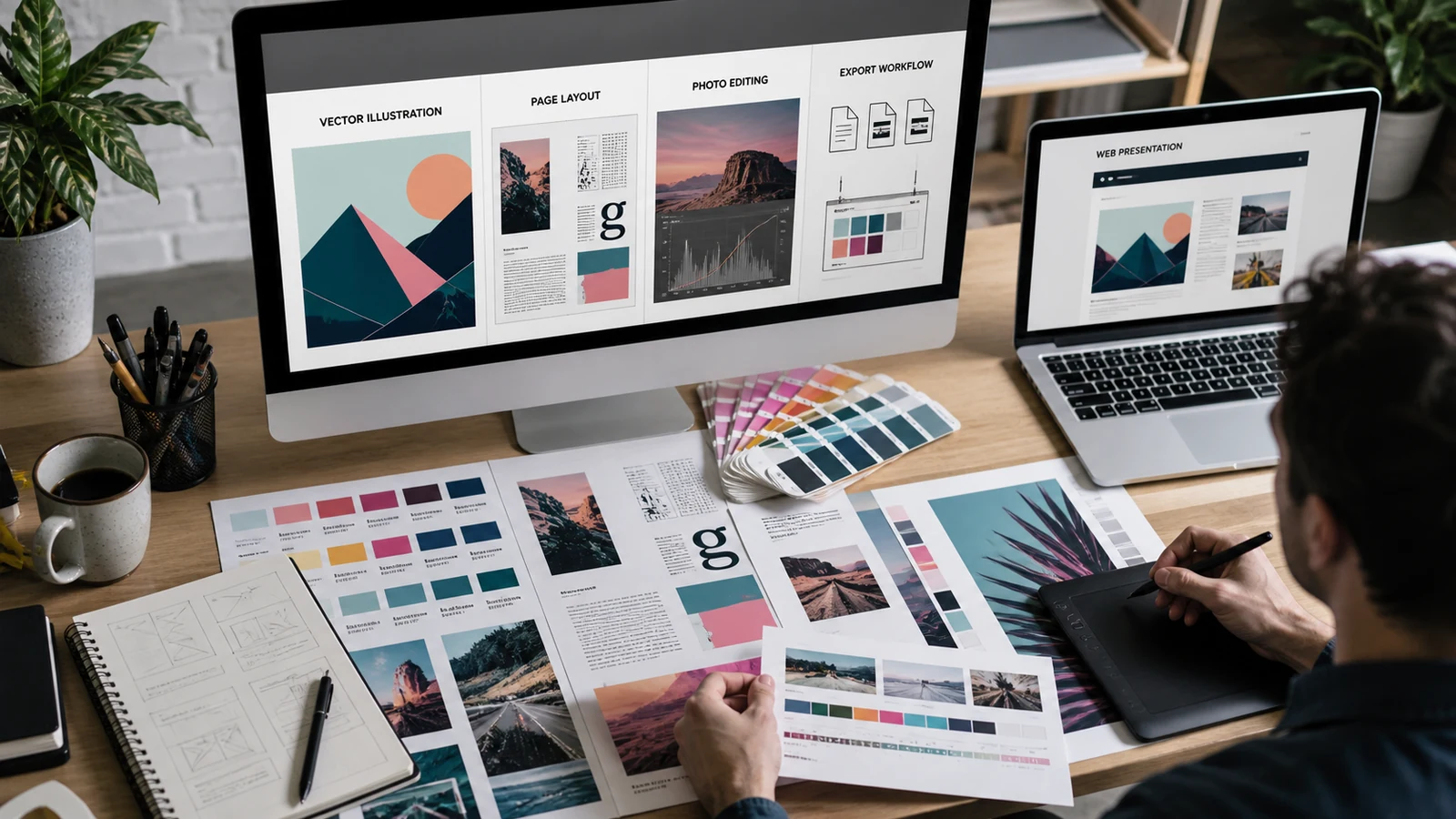 Graphic designer comparing vector, layout, photo editing and export workflows