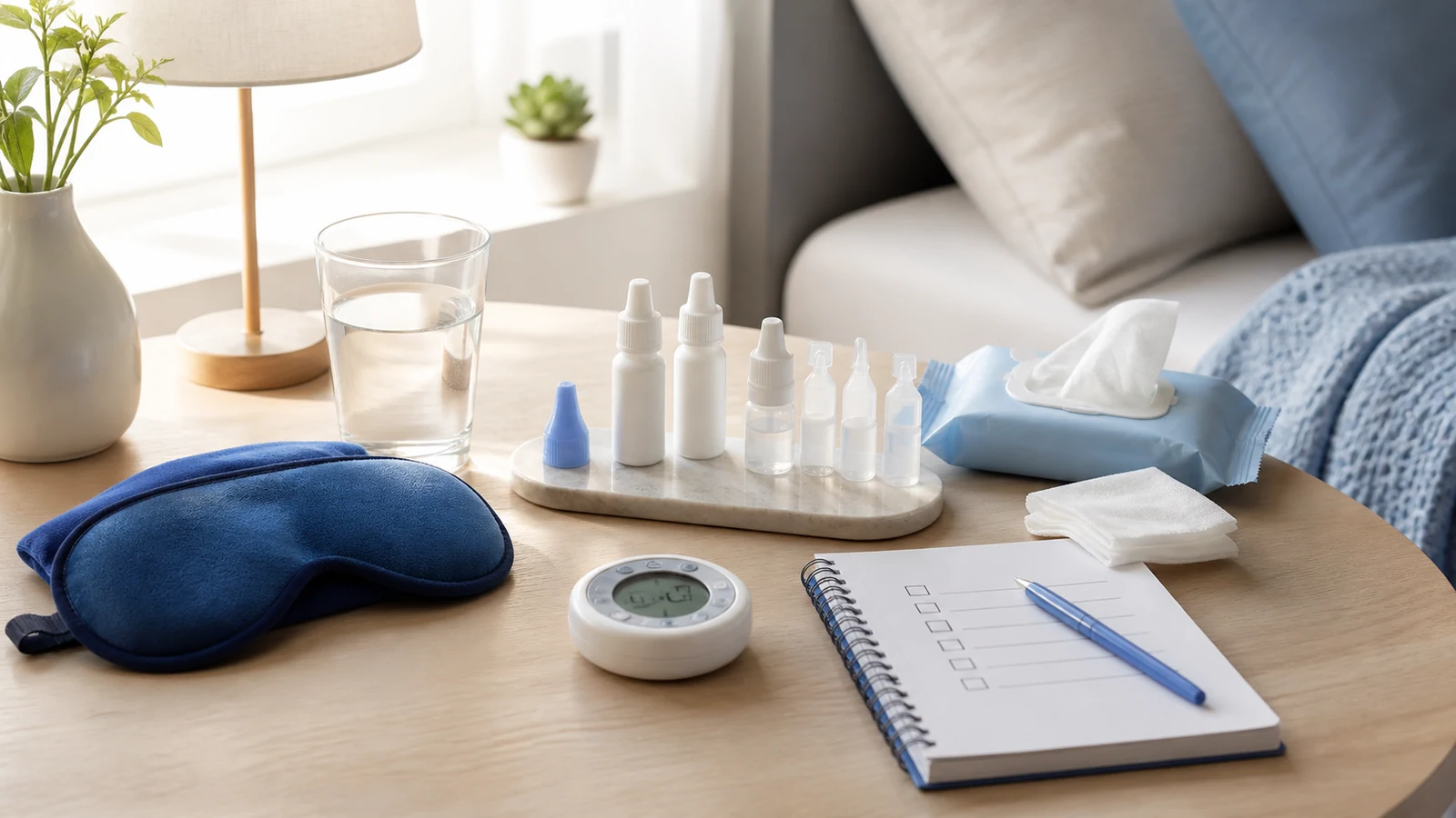 Warm compress, unbranded eye drops, eyelid wipes and a routine checklist