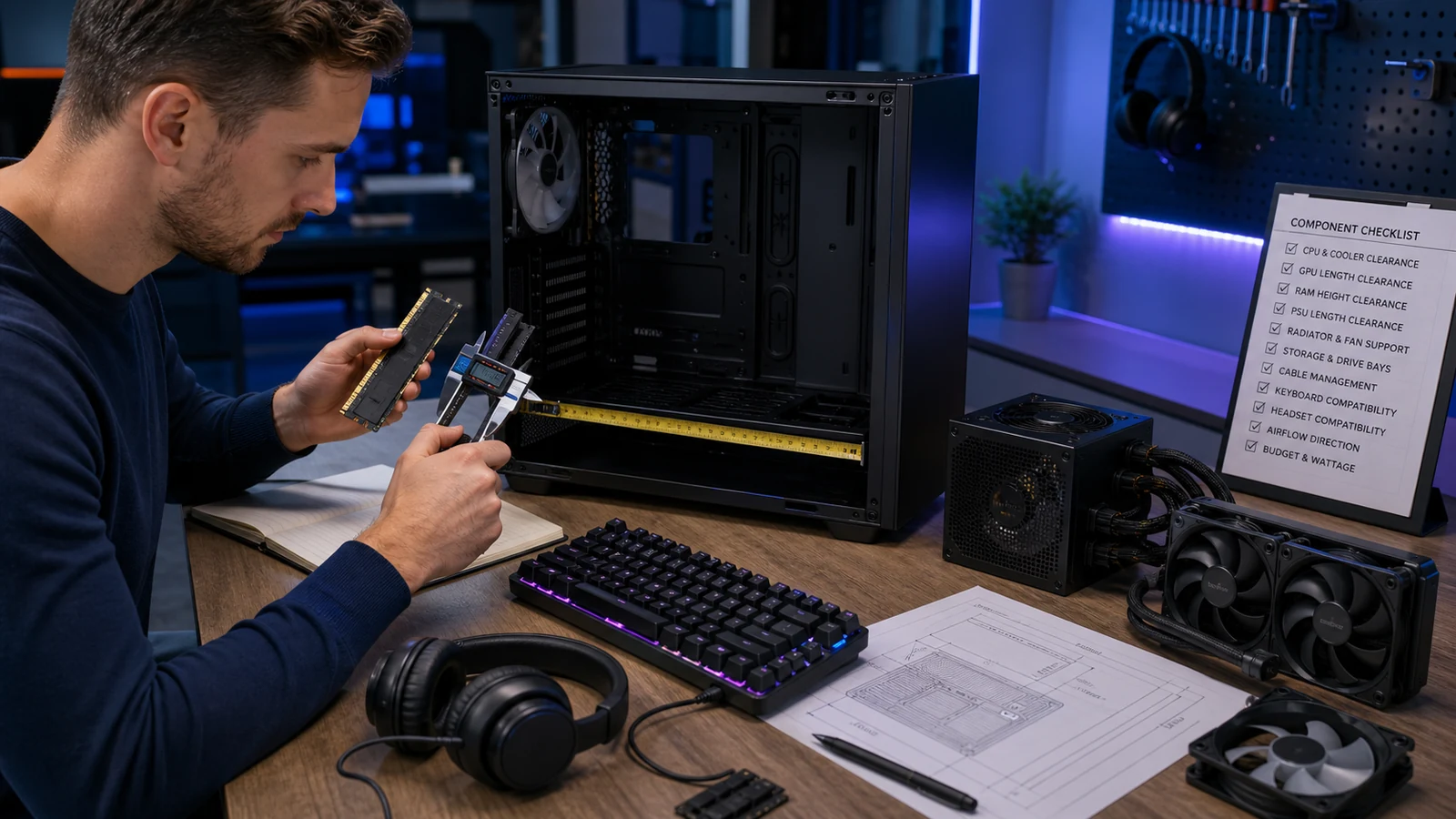 PC builder measuring memory, case, power supply and cooling compatibility