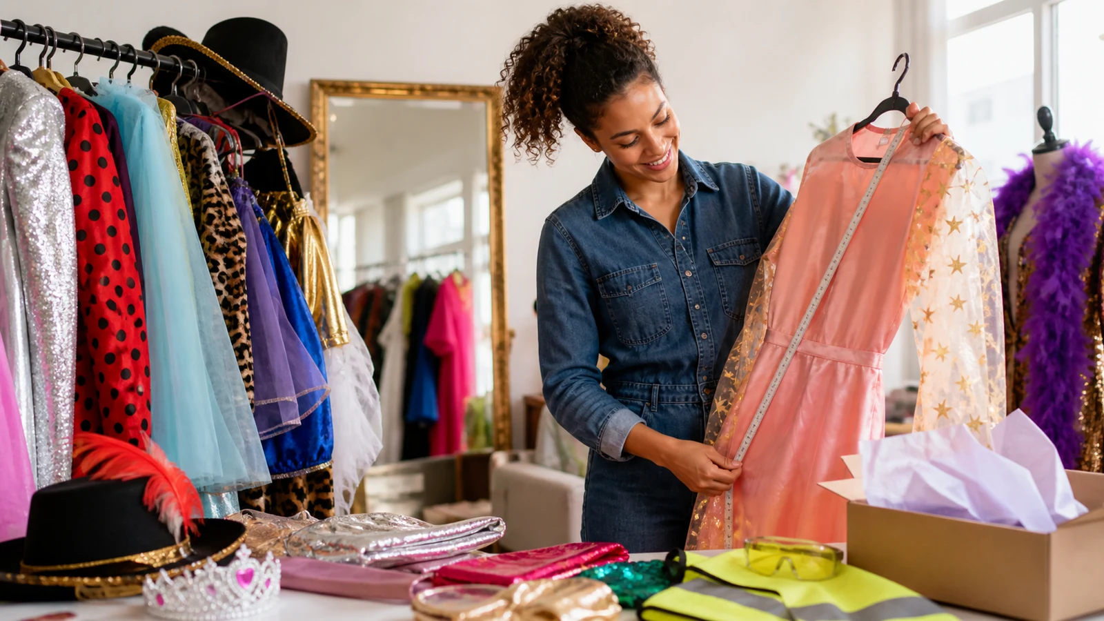 Shopper measuring a costume and checking accessories before an event