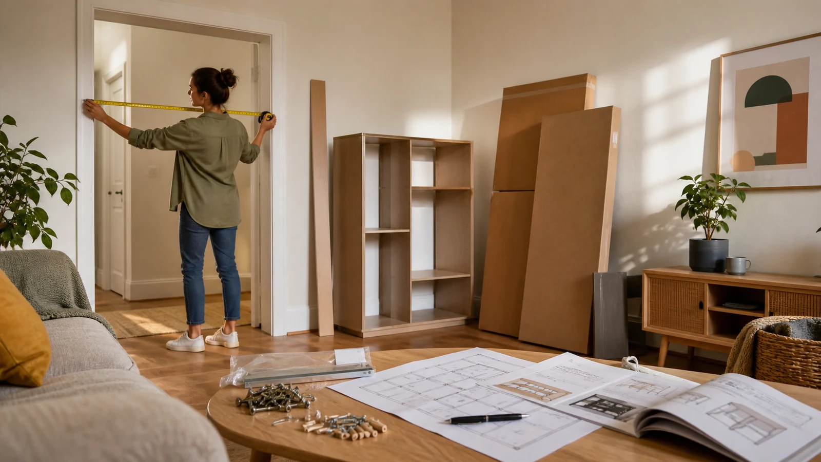 Homeowner measuring a doorway before assembling flat-pack furniture