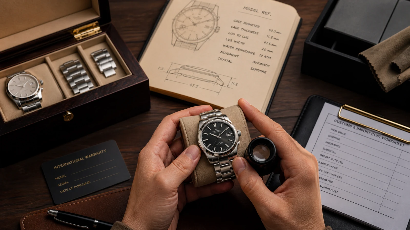 Buyer inspecting a watch reference, dimensions, warranty and customs worksheet