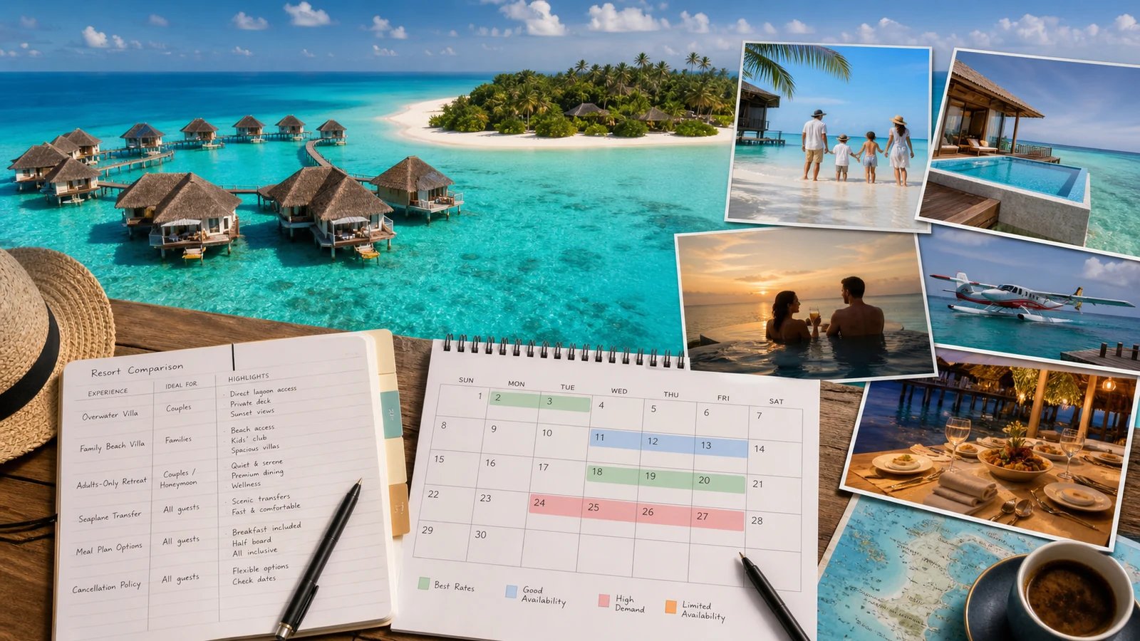 Maldives resort planner comparing villas, family stays, transfers and meal plans