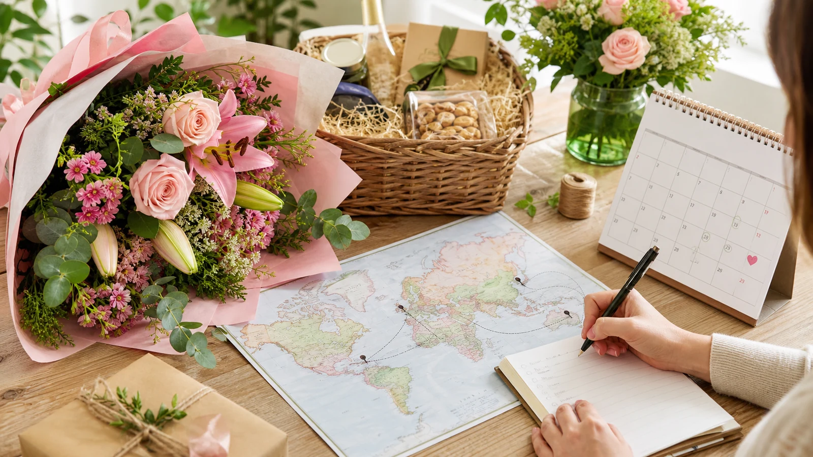 International flower and gift delivery planned with bouquet, map, recipient details and calendar