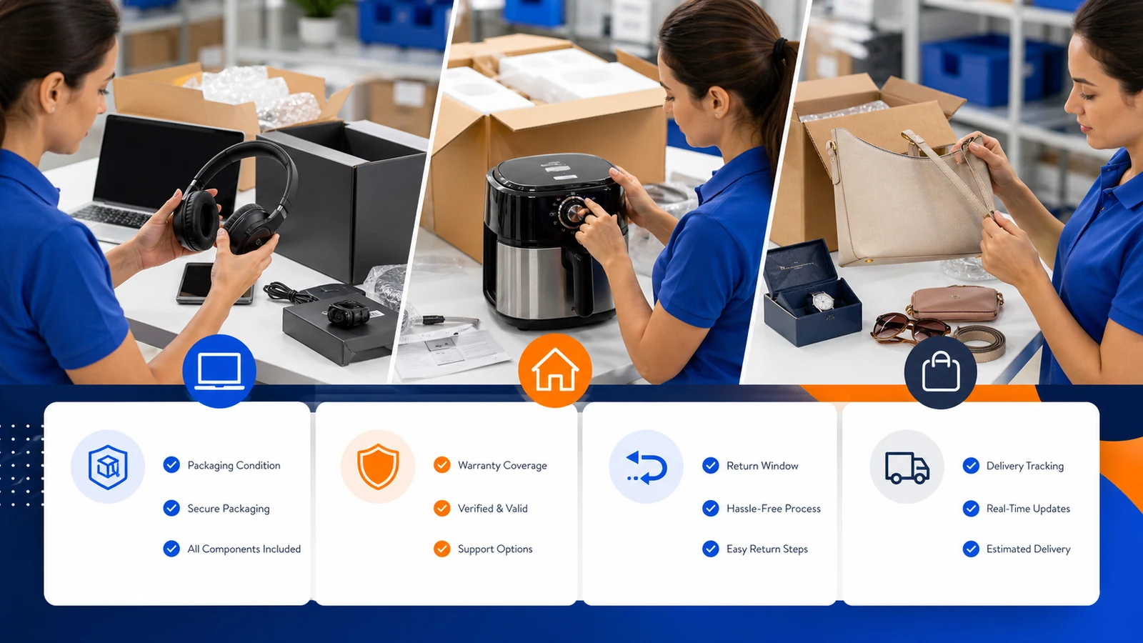 Electronics, home products and accessories inspected for packaging, warranty, returns and tracking