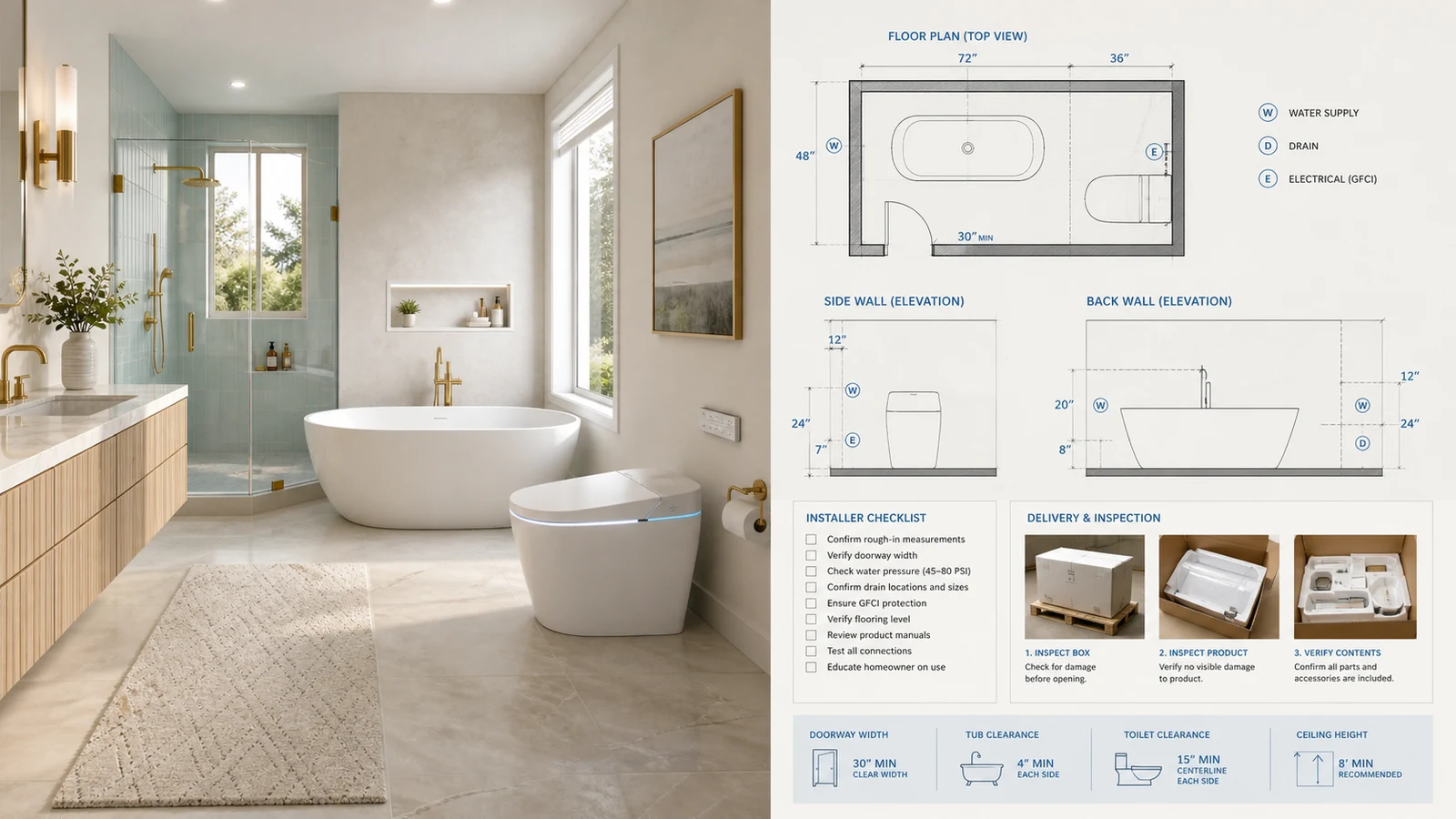 Bathroom fixture and floor plan compared with rough-in, installer and delivery inspection checks