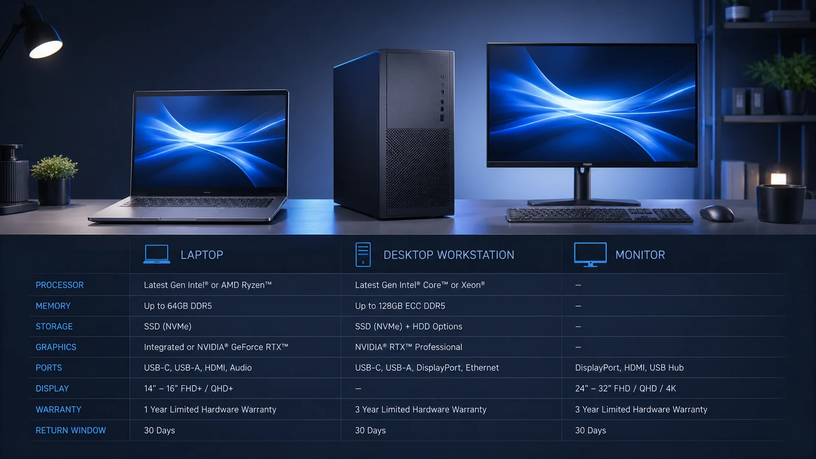 Laptop, desktop workstation and monitor compared by configuration and support criteria