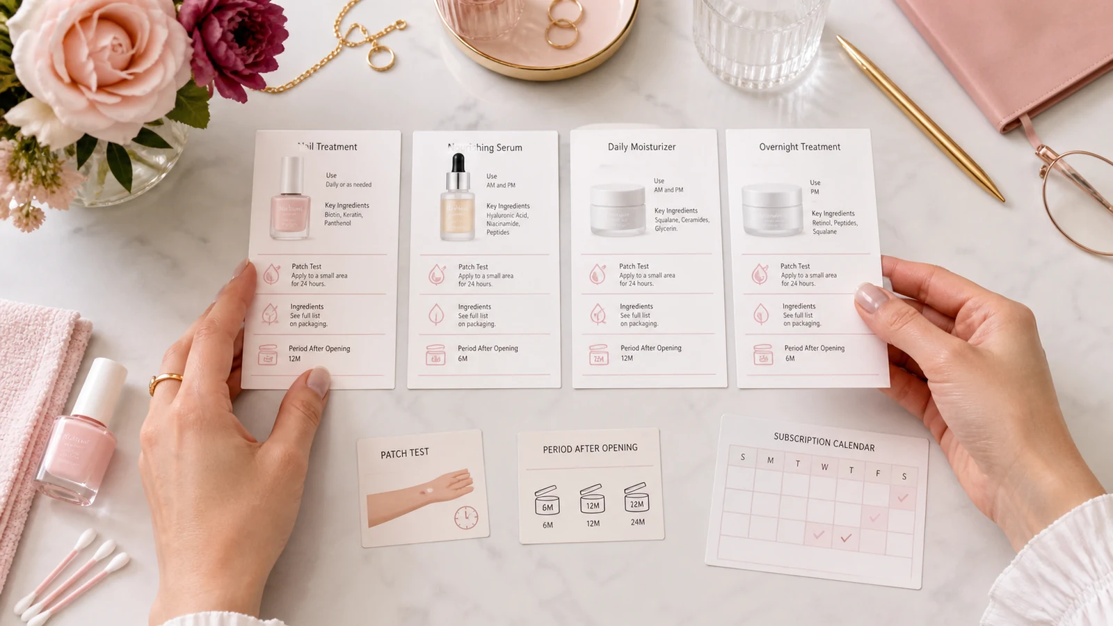 Nail and skincare products compared by ingredients, patch test, opening period and subscription schedule