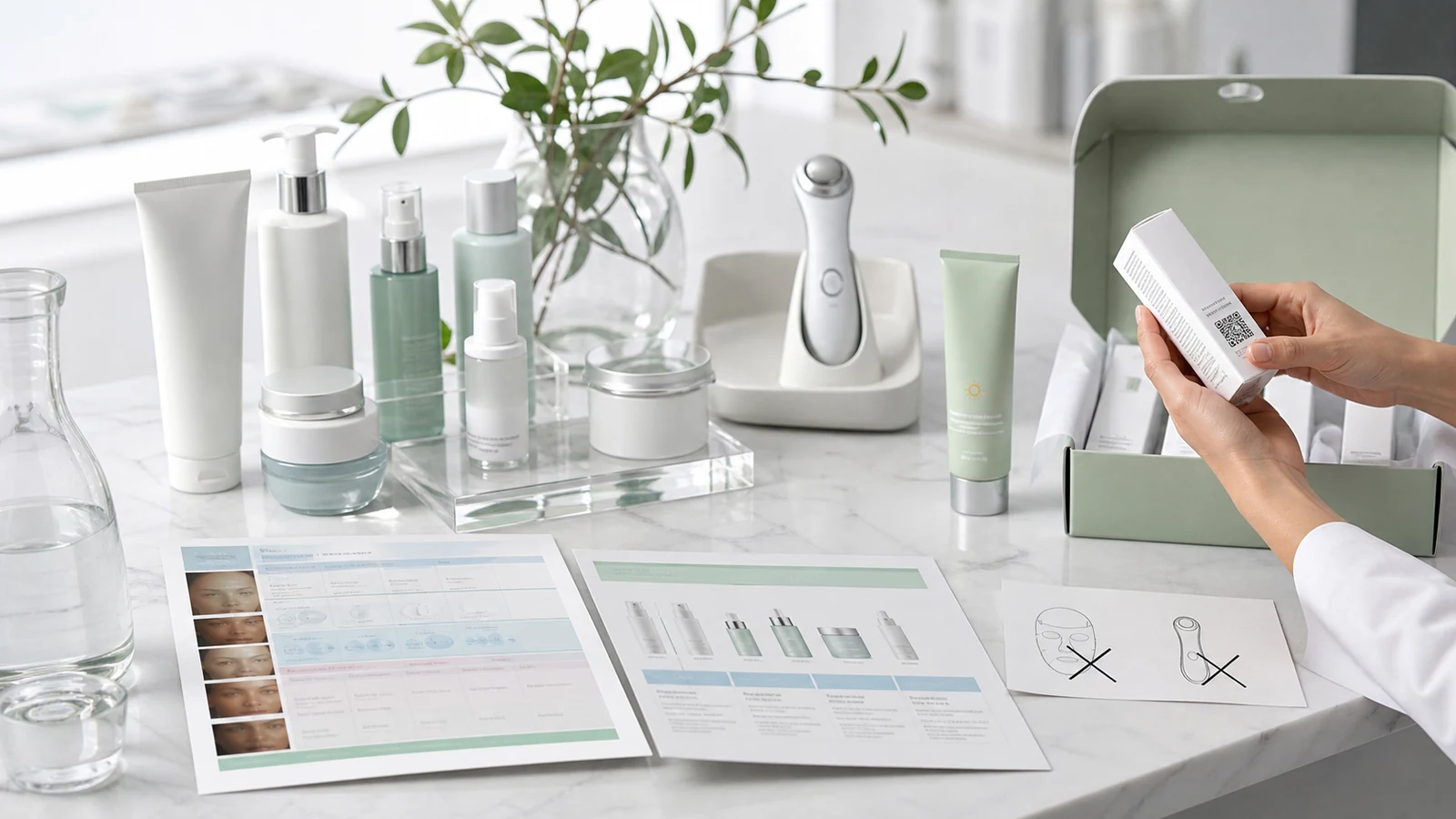 Authenticated skincare products, routine map, sealed batch codes and device return warning