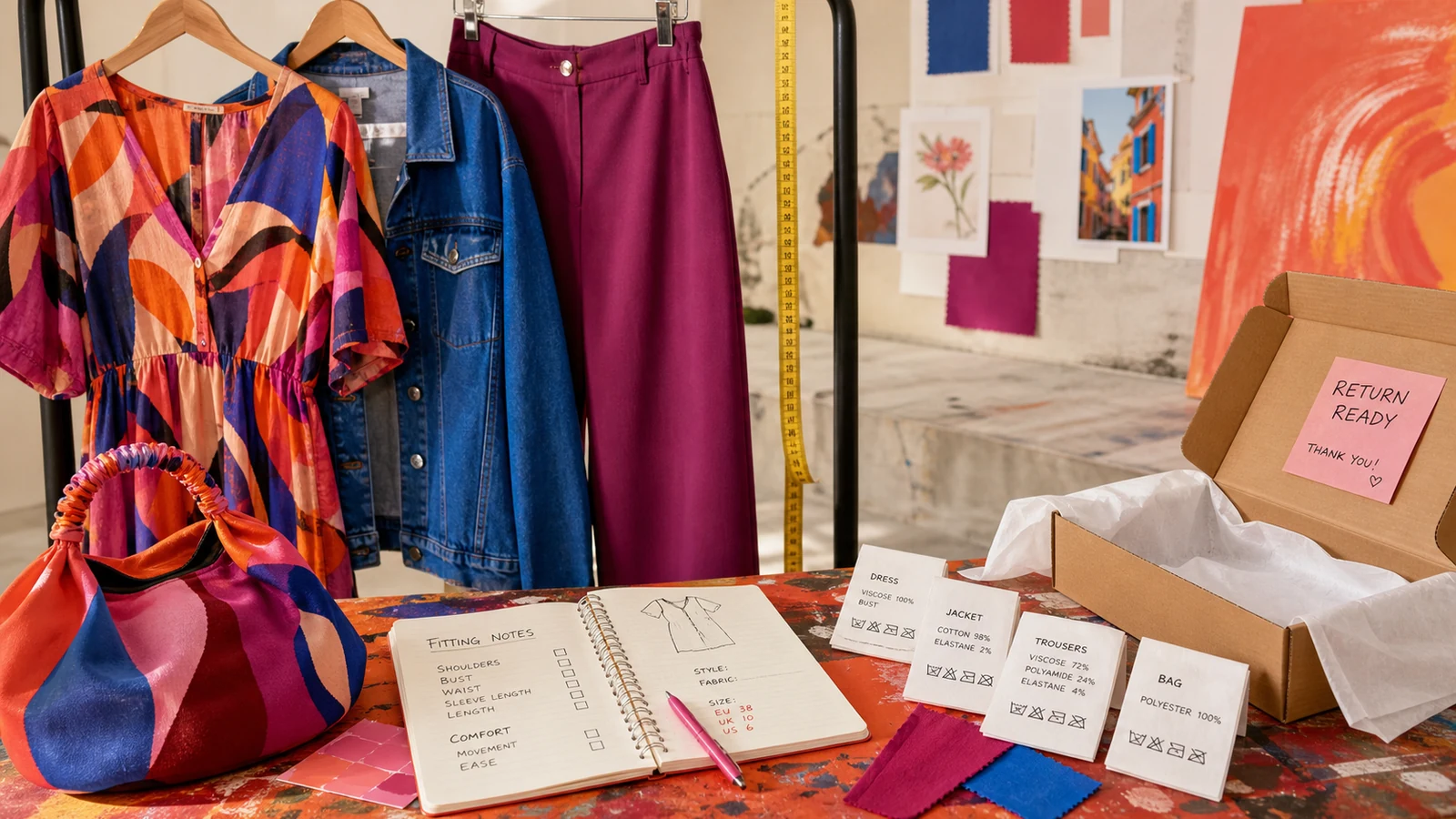 Colorful garments, size measurements, fabric composition and return-ready packaging
