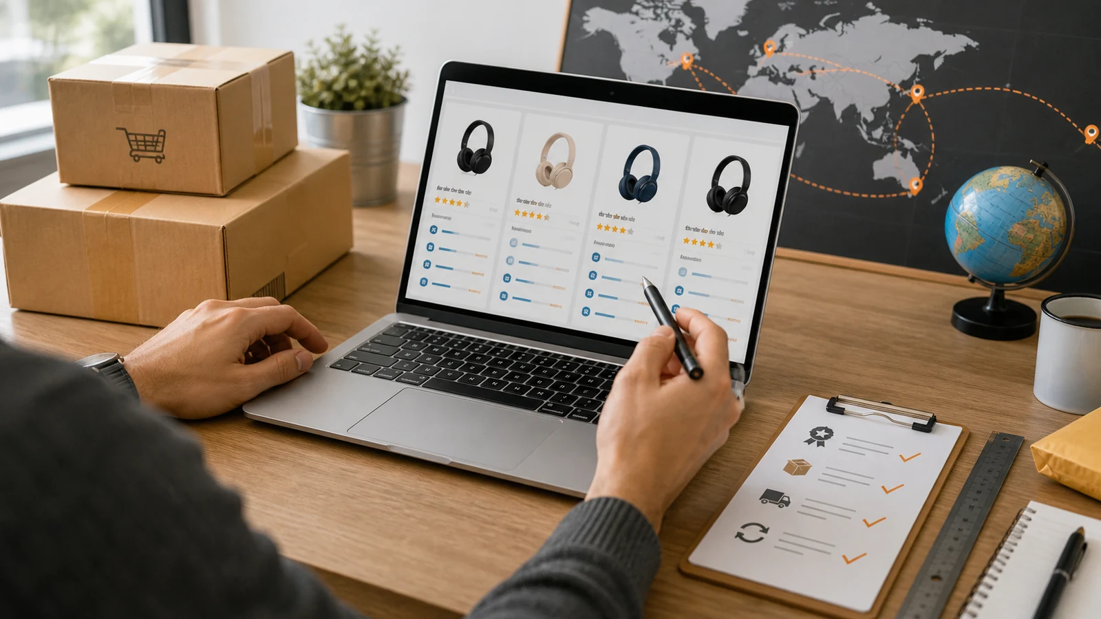 Online marketplace listings compared with parcels, seller checks and international shipping routes