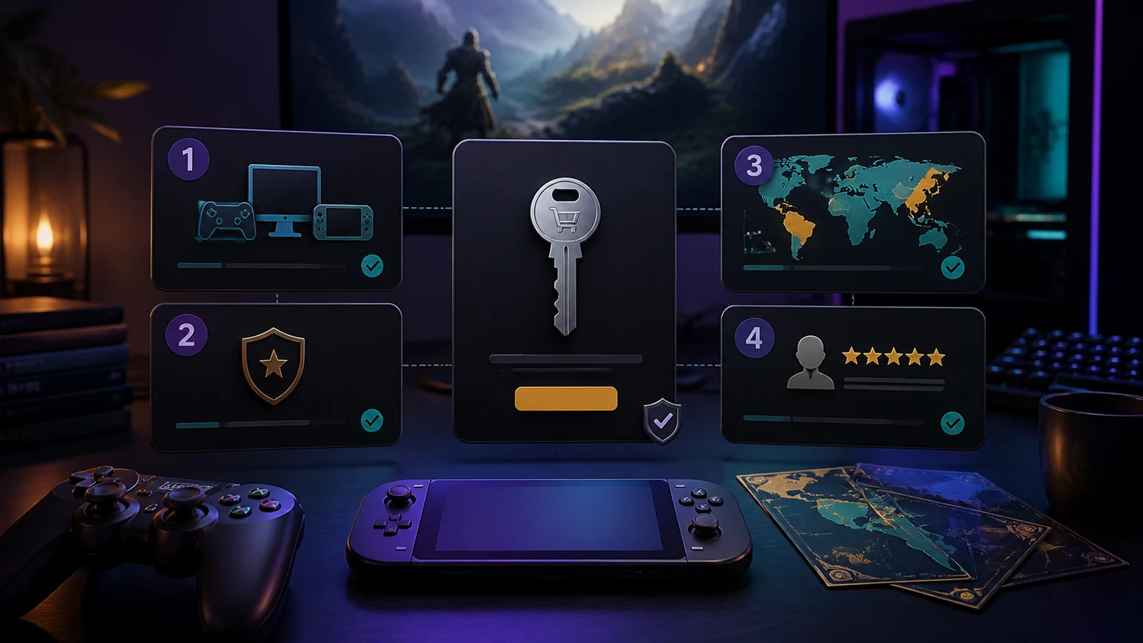 Gaming devices, activation key, seller rating and region map arranged as purchase checks