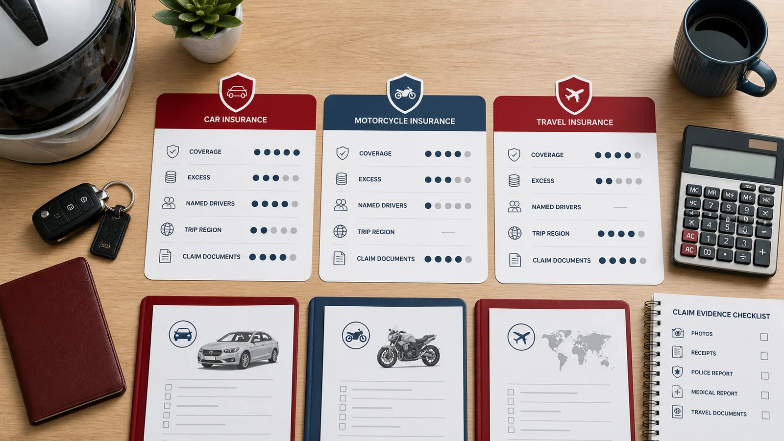 Car, motorcycle and travel insurance comparison cards with calculator and claim evidence checklist