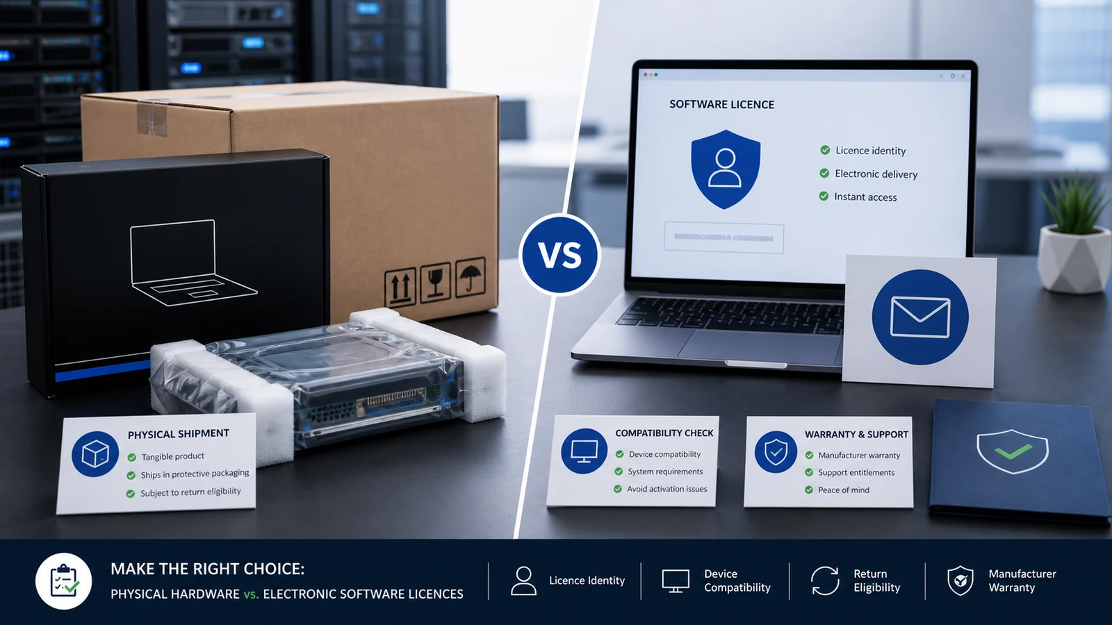 Physical computer hardware compared with electronic software licence delivery and compatibility checks