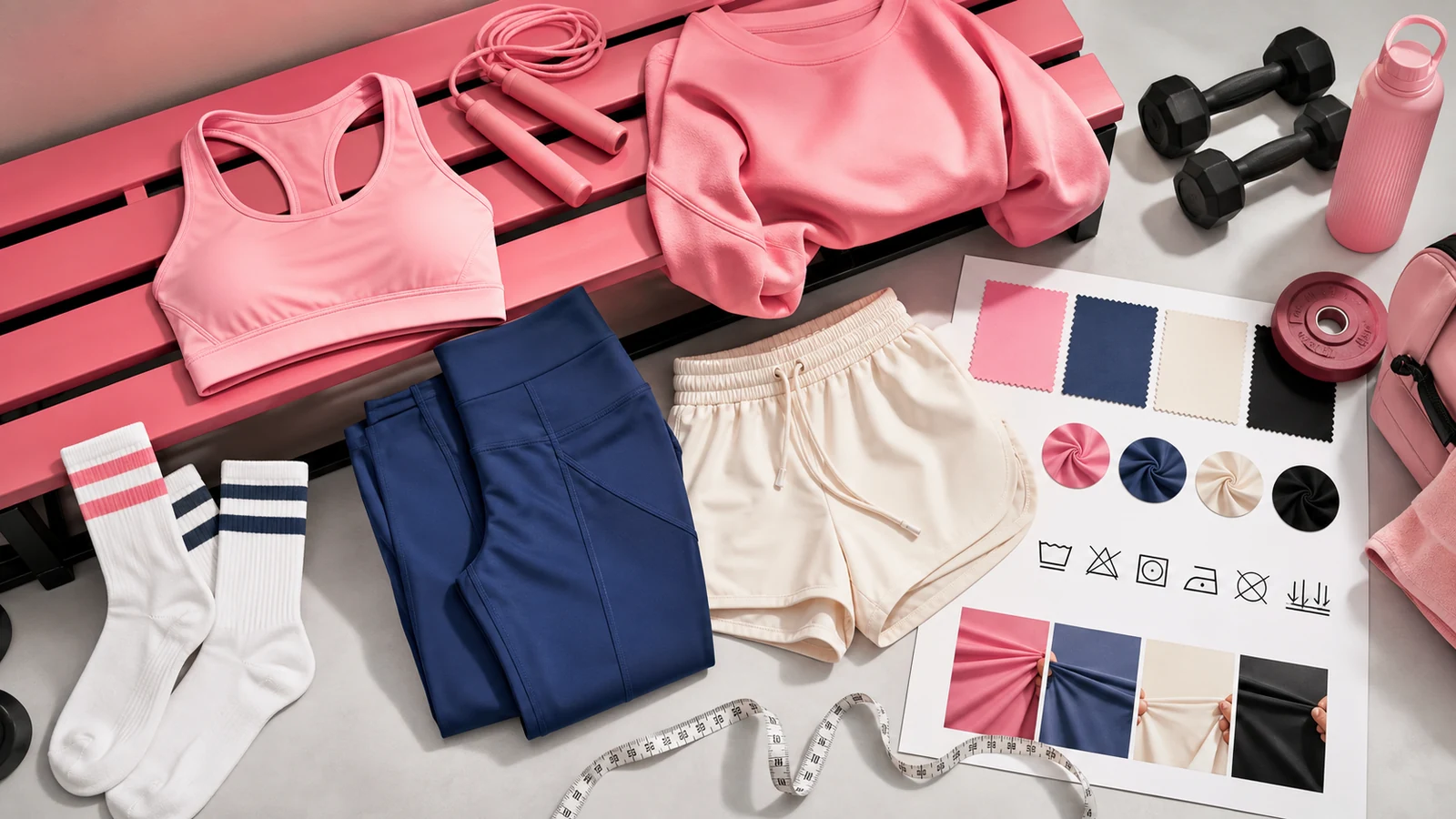 Women's activewear flat lay with sports bra, leggings, shorts, fabric swatches and measuring tape