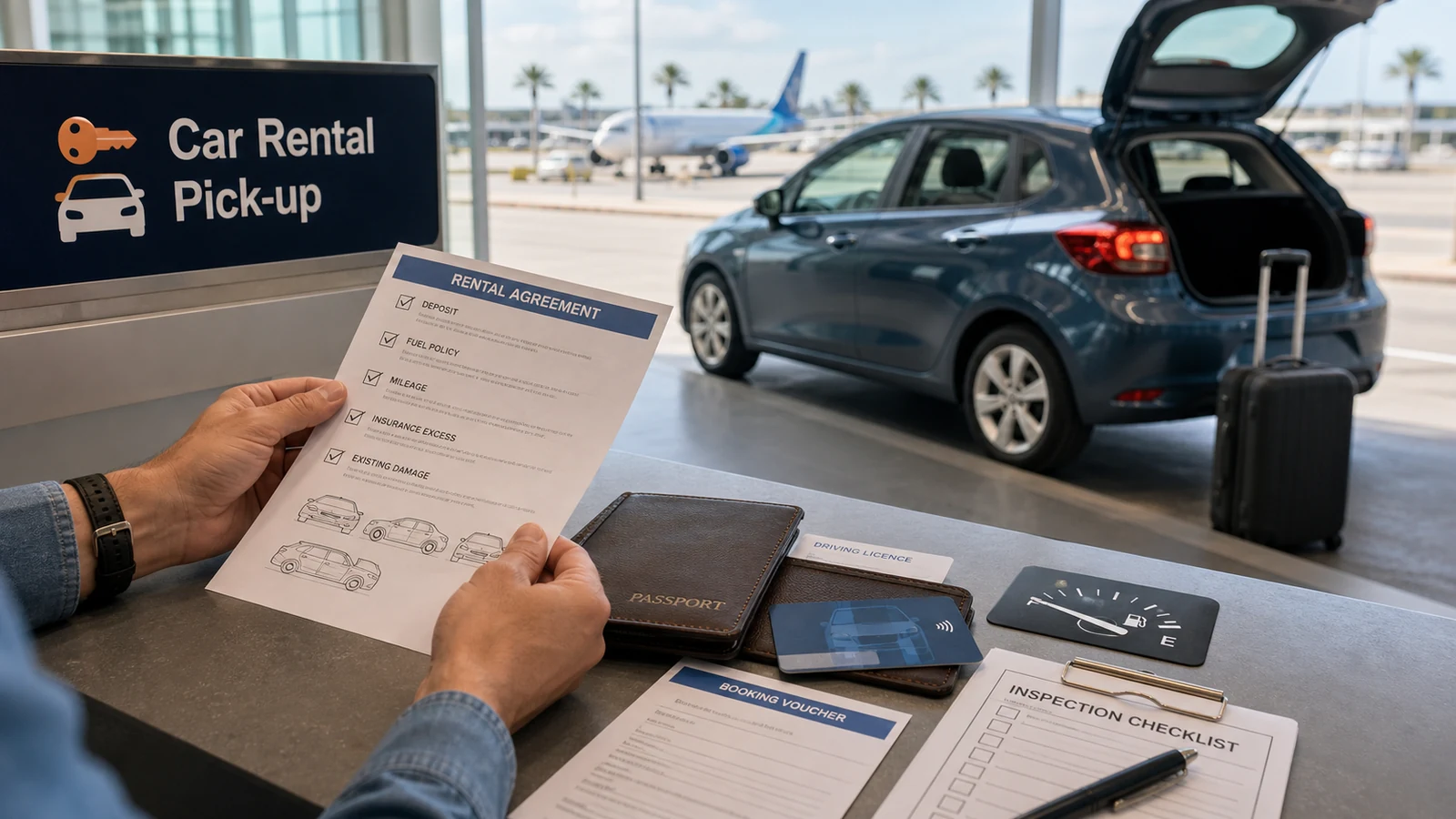 Airport car-rental counter with vehicle, payment card, deposit, fuel and coverage checklist