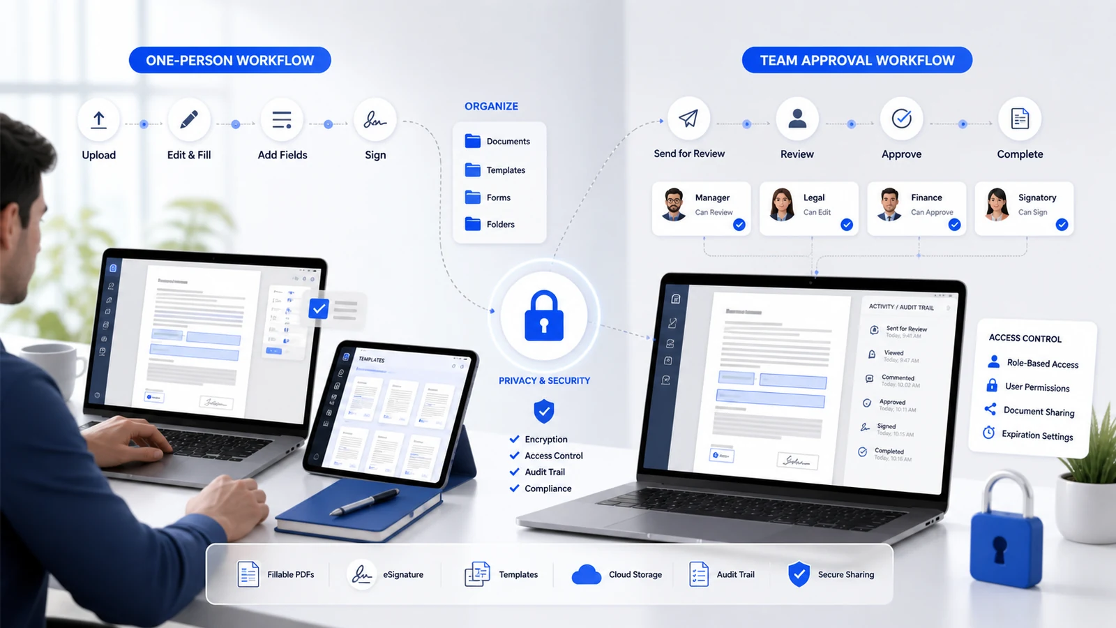 Professional PDF editing and eSignature workflow across laptop, tablet, templates and approval stages