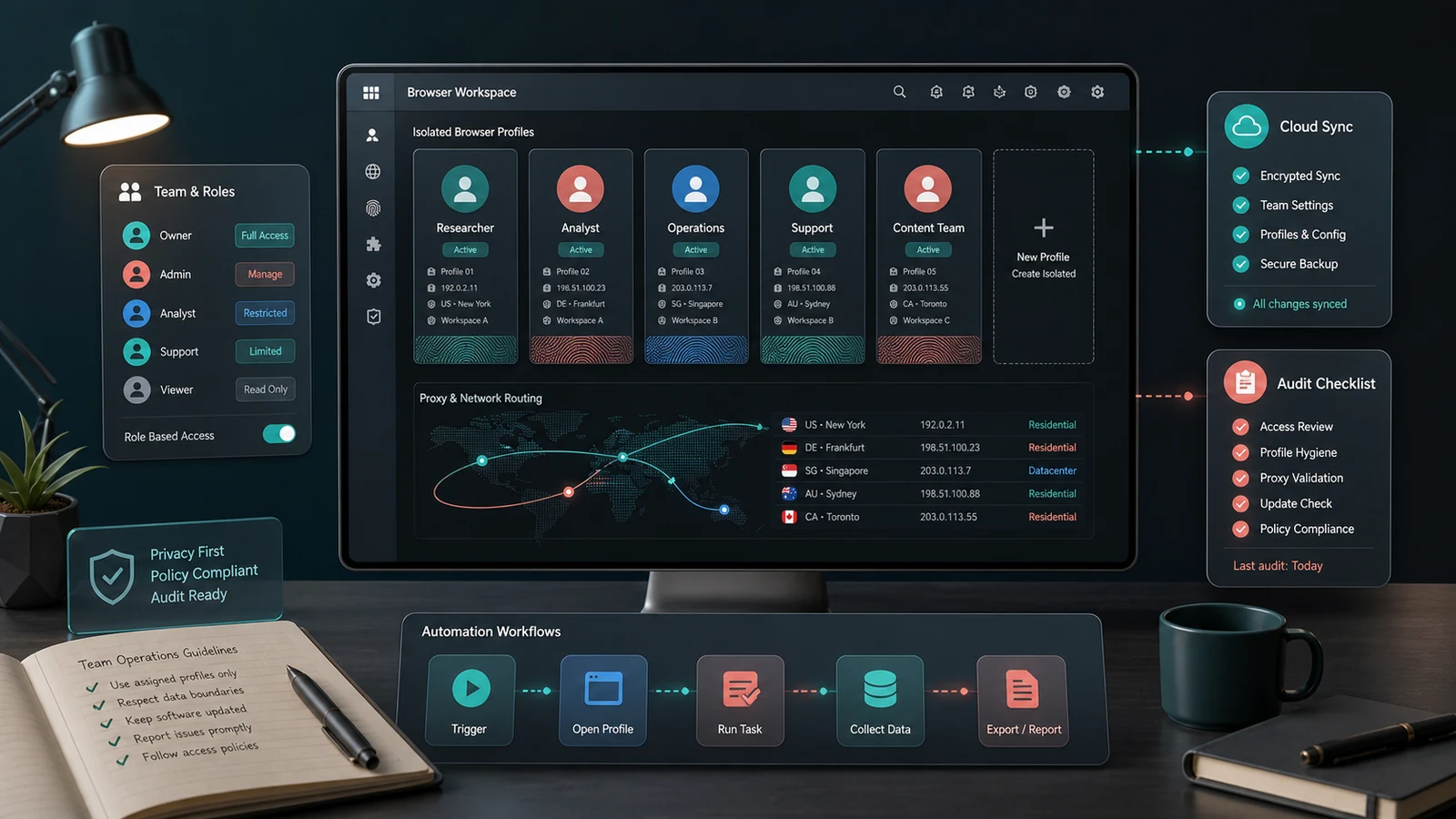 Authorized multi-profile browser workspace with isolated profiles, team roles, network routing and audit controls