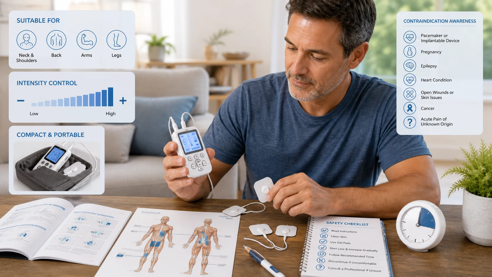 Adult reviewing a home TENS and EMS device, electrode placement guide, controls and safety checklist