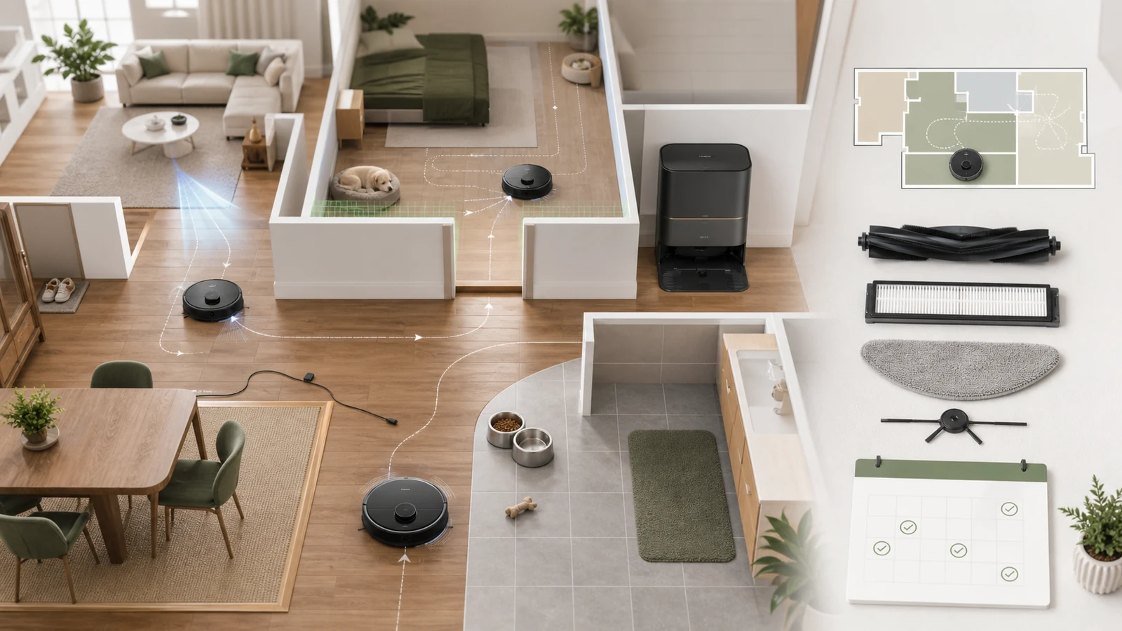 Modern home floor plan with robot vacuum, mop dock, mixed floors, obstacles and maintenance parts